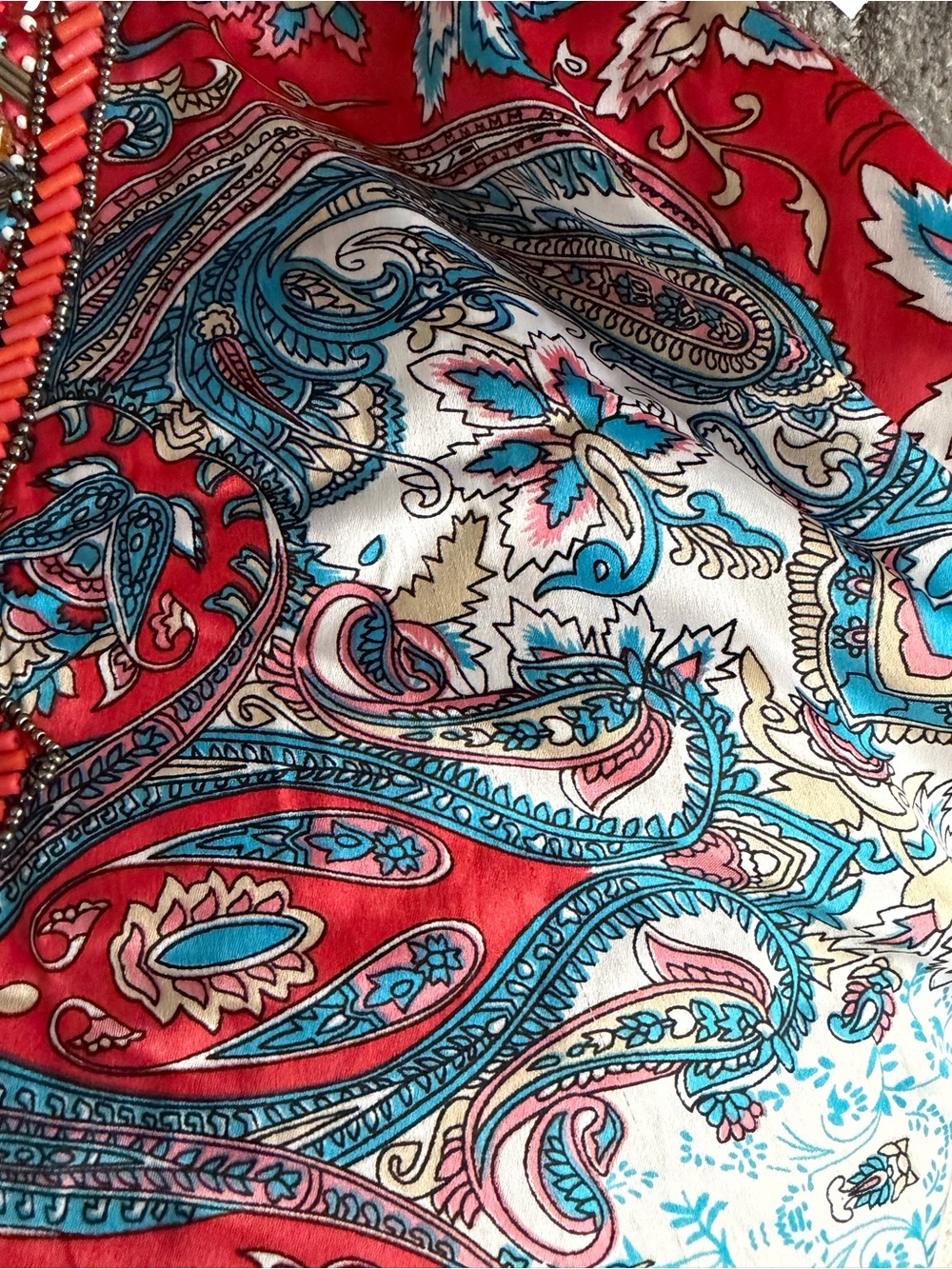 Chico’s Beaded Paisley Caftan Poncho Top Coral Blue Satin Feel L/XL - Picture 8 of 8
